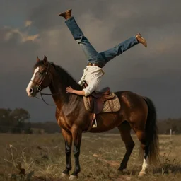 cowboy doing a handstand on a horse