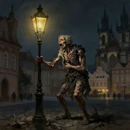 a grimdark fantasy painting of a twisted caricature of compassion in the form of an envious hungry street lamp in the darkened streets of prague at midnight in the 1 7 0 0 s, realistic, vraytracing