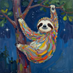 abstract painting, a cute sloth hanging on a tree on a beautiful night with stars, made of beautiful colored thick flowing dramatic brush strokes, impressionist, matte colors, trending on artstation