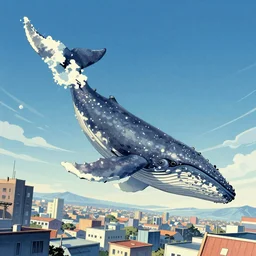 a upside down city with giant whale flying in the sky, by Hokusai