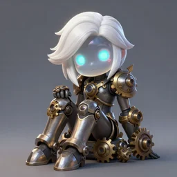 portrait of camille, from league of legends, legs of metal, wearing customized gears, sitting, white hair, clear face, cute neon eyes, digital painting, trending in artstation, studio quality, smooth render, fluorescent eyes, unreal engine 5 rendered, octane rendered, art style by jules bastien - lepage and gaston bussiere and sleepy sheep and james christensen