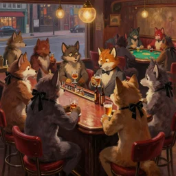 several adult fursona characters chatting, a furry wearing black ribbons, city streets background outside of the bar. a crowd of furries drinking at the tavern. bartender ox cleaning a glass behind the counter. moody lighting. red bar stools. whiskey and wine and beers. some tough dog guys playing poker in the distant corner. oil painting by terese guay kinkade monet gurney