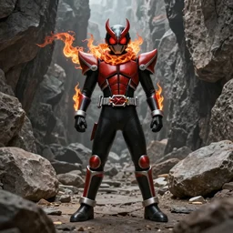 Demonic Samurai Kamen Rider with a fiery scarf standing in a rock quarry, full body, single character, League of Legends Splash Art, high quality, 4k, concept art, illustration, rubber suit, Arcane style
