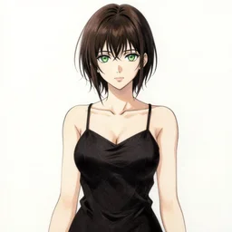 gorgeous young woman with green eyes, wearing a camisole, full body drawing, black and brown colors, in the style of greg rutkowski, high quality anime artstyle, intricate