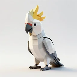 low-poly cockatoo, professional studio photo, full body, isolated on a pure white background, centered, entire subject in frame, sharp focus, soft studio lighting