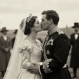 An extreme long shot wide shot, colored black and white Russian and Japanese mix historical fantasy photographic portrait of a Royal wedding of the empress and the emperor share a tender kiss, golden hour, warm lighting, 1907 photo from the official wedding photographer for the royal wedding. n- 6