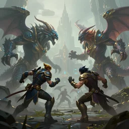 hyperrealism fantasy creatures fight scene with characters from league of legends concept portrait, digital art, wallpaper of an fantasy fight, background of sci fi city in fog, diffused lighting, 8 k dop hdr