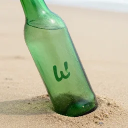 a washed up green bottle in the sand showing a different word through the glass.