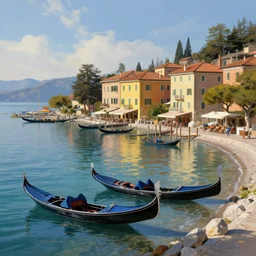 italian buildings with gondola boats on shoreline of lake tahoe low tide low water level and a roman style jetty, digital painting, high quality, dreamlike, volumetric lighting, trending on artstation