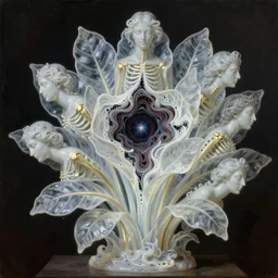 Beautiful full-body wax sculpture of a glowing transparent infinite plant with women faces as leaves with visible gold bones covered with melted white wax inside the singularity where stars becoming baroque folds of dark matter by Michelangelo da Caravaggio, Nicola Samori, William Blake, Alex Grey and Beksinski, dramatic volumetric lighting, highly detailed oil painting, 8k, masterpiece