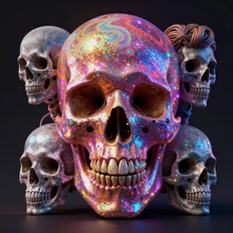 beautiful matte painting of psychedelic glittering skull by dan mumford and  lisa frank and alex gray, octane render, HDR, vivid color, volumetric lighting, unreal engine, CGsociety