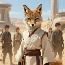 beautiful portrait of a female anthropomorphic furry coyote wearing jedi robes in a desert future town. character design by charlie bowater, ross tran, artgerm, and makoto shinkai, detailed, soft lighting, rendered in octane