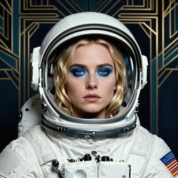 the actress, eva green in space, art by coles phillips, eva green as a french astronaut from the year 2 5 0 0, blonde hair, blue makeup, green eyes, shiny helmet, mucha, kandinsky, art deco, dark deco,