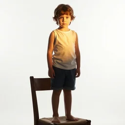 A kid standing on the chair, white background
