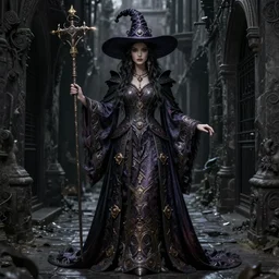 a gorgeous witch wearing a long flowing robe, standing in a dark alleyway, D&D, intricate, elegant, highly detailed, digital painting, artstation, illustration, artgerm, bouguereau