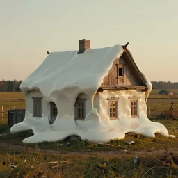 a melted, flowing, limp, smooth traditional ukrainian house in a rural landscape in style by anish kapoor, in the parts by shih chieh huang, golden hour, film still from the movie directed by denis villeneuve with art direction by zdzisław beksinski, close up, telephoto lens