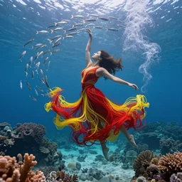 woman dancing underwater wearing a long flowing dress made of red and yellow wire, coral sea bottom, swirling schools of silver fish, swirling smoke shapes, octane render, caustics lighting from above, cinematic, hyperdetailed