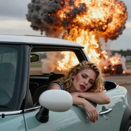Anne Heche Drunk and Stoned In A Mini Cooper With A Nuclear Explosion In The Background, hyperrealistic, photorealistic, HDR, volumetric lighting, bokeh