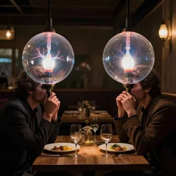 two spherical glass plasma lamp heads with normal human bodies and clothes having an awkward dinner date in a dimly lit cafe. intricate, highly detailed, dramatic lighting, anton pieck, william henry hunt, trending on artstation