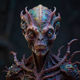 realistic portrait of a creature experiment gone wrong, psychedelic, dark art, facing camera, photo realistic, detailed, 1 4 5 0, delicate, hyper realism, ultra realistic, 8 k