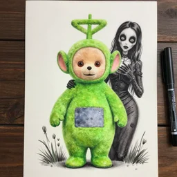 grunge drawing of a teletubby by mrrevenge, corpse bride style, horror themed, detailed, elegant, intricate