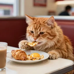a fluffy orange cat eating breakfast at a diner, 4k.