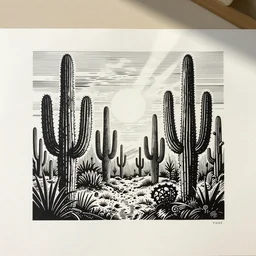 art by cat flint, a beautiful black ink linocut print of the cactus forest, low sun, 8 k, frostbite 3 engine, cryengine, ground level shot, dof, trending on artstation, digital art, crepuscular ray
