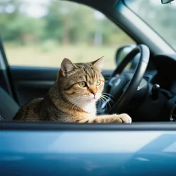 cinestill of a cat driving a car