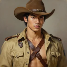 pretty face and smart and handsome thai ww 2 hunter in armed, close - up portrait, with cowboy hat, khaki safari suite, intricate, with leather armor cross onbare chest, elegant, loin cloth, highly detailed, oil painting, artstation, concept art, matte, sharp focus, illustration, hearthstone, art by earl norem and lixin yin and denys tsiperko and bog