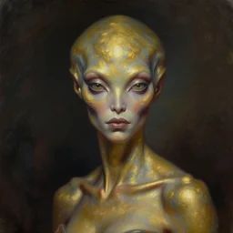 a beautiful alien woman with brass skin, painted by artgerm and tom bagshaw, fantasy art, dramatic lighting, highly detailed oil painting