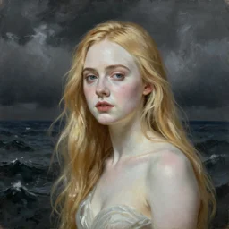 Painting of Elle Fanning lost at sea, dark stormy weather, long blonde hair, delicate, pale milky white porcelain skin, by Edmund Leighton. 8K. Extremely detailed.