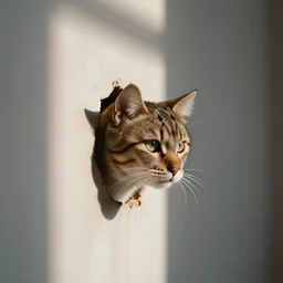 A cat sticking its head through a wall