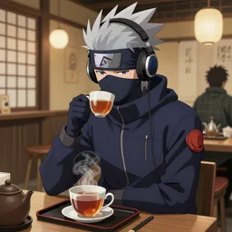 kakashi hatake wearing headphones and a navy blue hoody having tea at a tea shop in toyko, aesthetic, digital painting, artstation, high res, 4 k