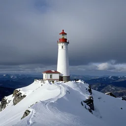 a lighthouse at the peak of a snow - capped mountain, a detailed matte painting by samuel f. b. morse, trending on pexels, american scene painting, photo taken with ektachrome, creative commons attribution, matte painting