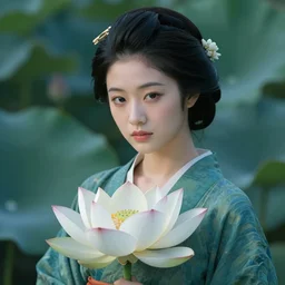 beautiful japanese woman with a lotus flower, nadescio rin, drab blue greens, dark greens, highly detailed, award winning