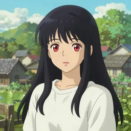 beautiful anime girl with long black hair and bangs, red eyes, wearing a white sweater, fine details portrait, village in the background, bokeh. anime masterpiece by Studio Ghibli. illustration, sharp high-quality anime illustration in style of Ghibli, Ilya Kuvshinov, Artgerm