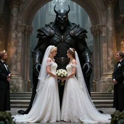 doom guy wedding ceremony with his wife epic picture hyper realistic details symmetric composition beautiful lighting at the gates of hell 4 k vibrant colors vincent di fate, john berkey, michael whelan