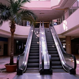 1980s magazine photo of an escalator inside an abandoned mall, with potted palm trees, decaying dappled sunlight, cool pinkish purple lighting, color