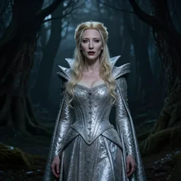 portrait of (((mischievous))), baleful Cate Blanchett as Galadriel as a queen of fairies, dressed in a beautiful silver dress. The background is a dark, creepy eastern europen forrest.  night, horroristic shadows, high contrasts, lumnious, theatrical, character concept art by ruan jia, thomas kinkade, and J.Dickenson, trending on Artstation