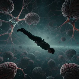 a man free falling down an infinite psychedelic brainscape, alone in space, side view, neruon brain storm, falling through space, loneliness, psychological horror, acid trip space background, gloomy colors, depressing, unreal engine 5, octane render