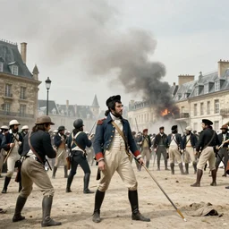 portrait photograph fashion editorial french revolution storming of the Bastille. wide angle shot. hyperrealistic. detailed. depth of field. high definition. 8k. photography.