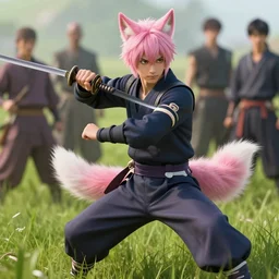 a beautiful portrait of a handsome anime male human boy with pink hair and pink wolf tail and pink wolf ears wearing a ninja outfit and holding a katana in battle position in a grass field. character design by cory loftis, fenghua zhong, ryohei hase, ismail inceoglu and ruan jia. artstation, volumetric light, detailed, photorealistic, fantasy, rendered in octane