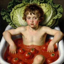 a boy sitting in a tub full of tomato sauce, a lot of cabbage, by giuseppe arcimboldo and ambrosius benson, renaissance, portrait, fruit, intricate and intense oil paint, realistic