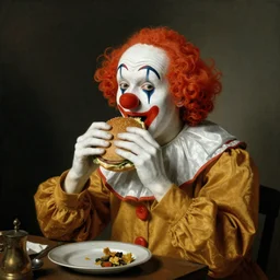 clown eating a hamburger by rembrant