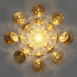 symmetry!! a complex and beautiful gold coins in the fog of magic light, digital painting, artstation, concept art, smooth, sharp focus, illustration, art by artgerm and greg rutkowski and alphonse mucha, 8 k