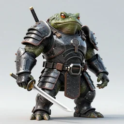a wide shot, photo of a huge humanoid toad-man with a katana, in a heavy futuristic armour without a helmet, toad head, hyper realistic, hyper detailed, coherent photo, trending on artstation, cyberpunk, Japanese style, volumetric lightning, neon, electric colours, Cinematic, Dramatic, Film Grain, Kodak Portra, Depth of Field, 15 mm octane render, 4k, raytracing, blender