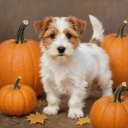 a very cute scruffy long haired jack russell terrier puppy, white with brown spots and a brown patch over each eye, amidst piles of pumpkins. halloween autumn fall art. beautiful painting by artgerm and greg rutkowski and alphonse mucha