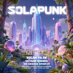 techno solarpunk forest city blacklight poster, solarpunk rave invitation ; 3 d scene rendered with octane render, 2 d design made with stable diffusion ai. pastel, trending on artstation