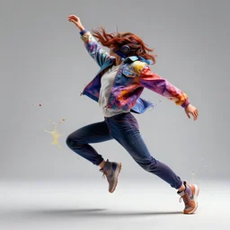 a dynamically posed rendered in an expressive fashion showing movement with paint splashes