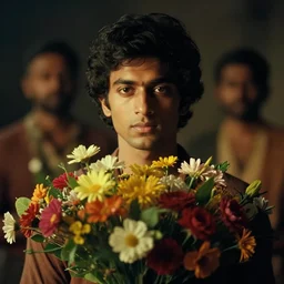 a portrait of a guy with flowers by annie leibovitz and raja ravi varma, cinematic lighting, atmospheric light, flowers, 5 0 mm f 1. 2, bokeh